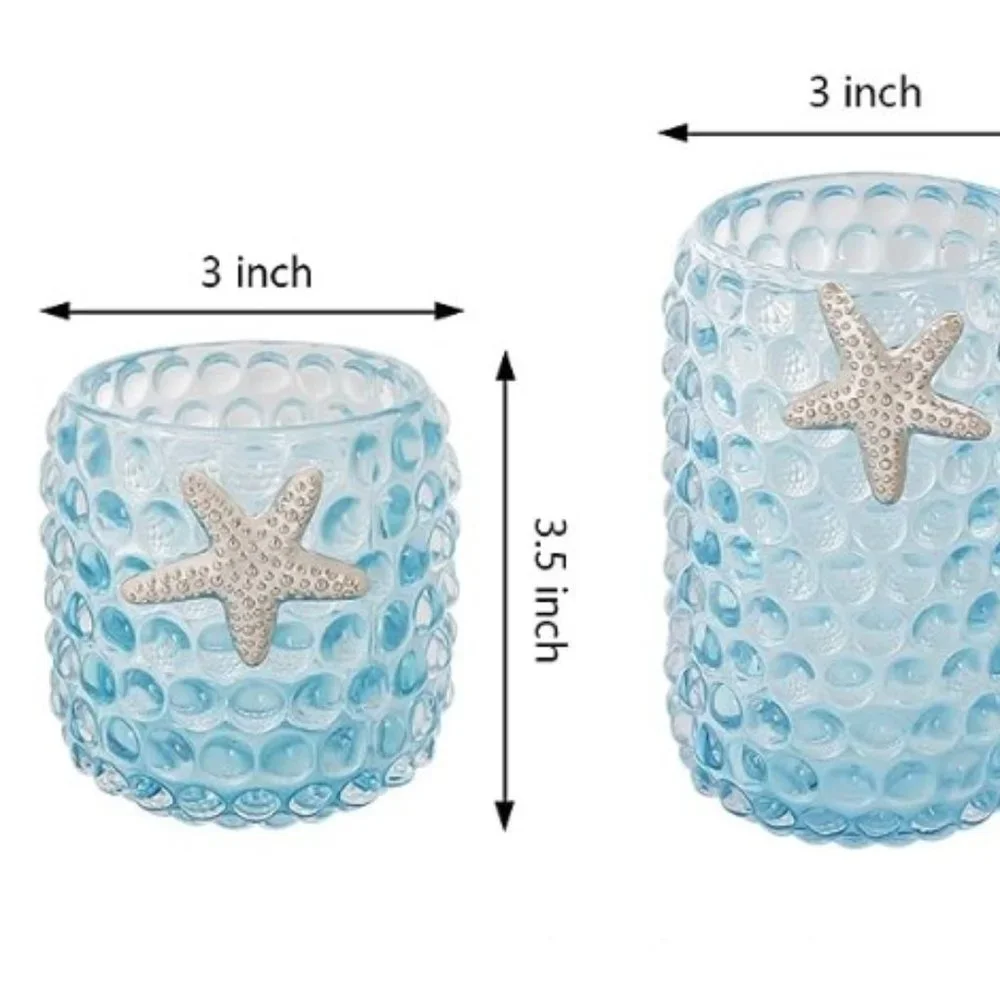 2 pc / 2 sizes - Glass Make-up Brush Organizer / Vases  (Blue w/ Starfish)